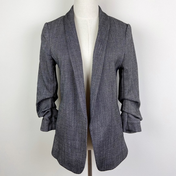 H & M Herringbone Gathered-Sleeve Open Front Blazer